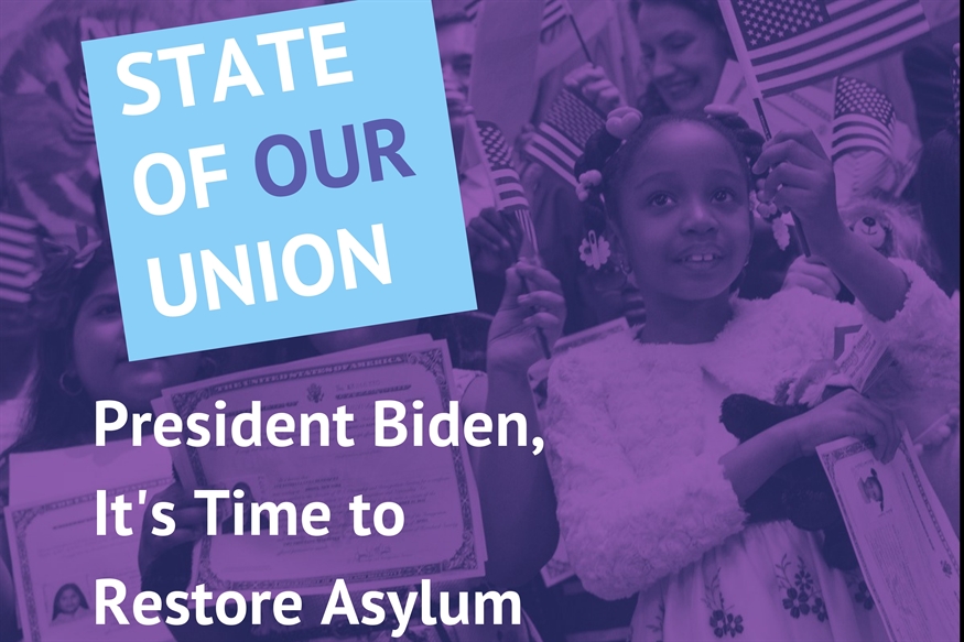 [ai] A poster featuring a young girl holding a certificate and smiling, surrounded by others waving flags. Text highlights include 'STATE OF OUR UNION' and 'President Biden, It's Time to Restore Asylum'.